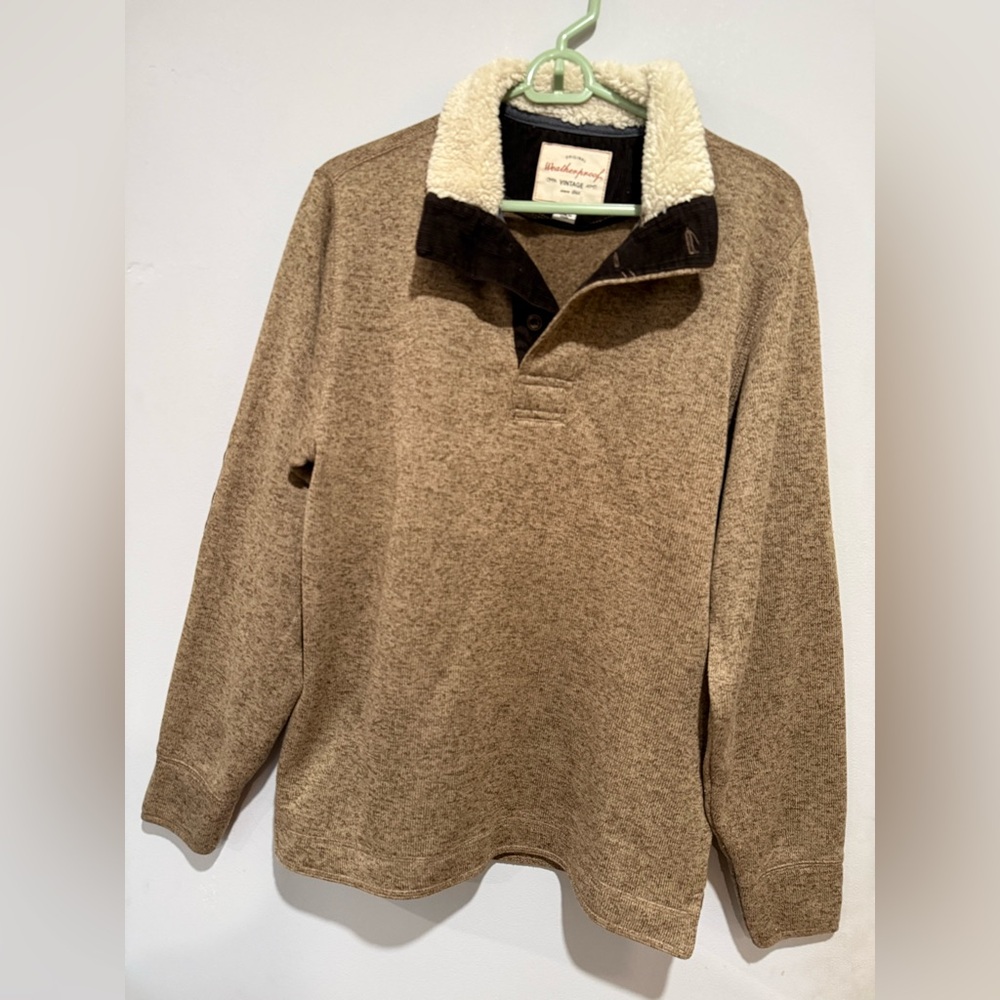 Weatherproof Tan Sweater with Sherpa Collar